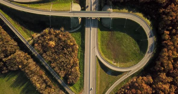 Autumn Aerial View of Highway Road Junction in the Countryside with Trees