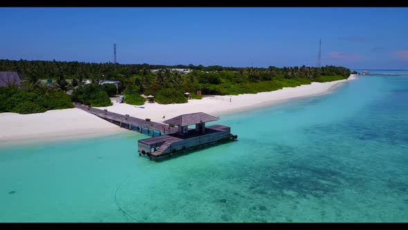 Aerial drone sky of marine island beach journey by clear lagoon with white sandy background of a pic