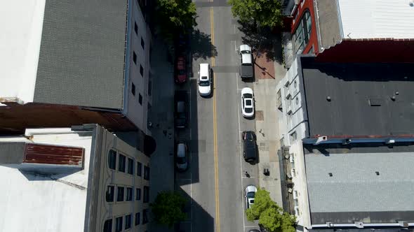 Downward angle drone shot of downtown Wilmington North Carolina