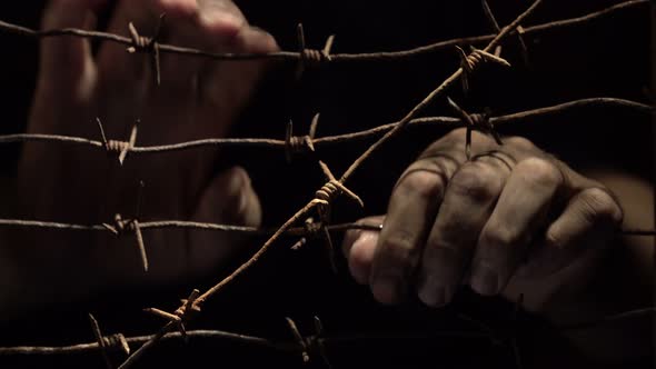 Hands of a Man Shaking Rusty Barbed Wire in the Dark Lit By Hard Light