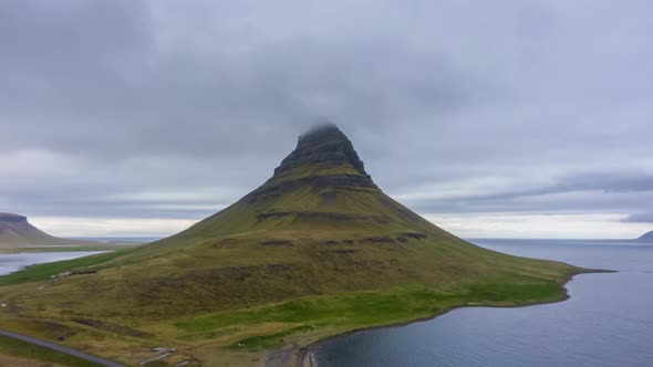Kirkjufell Mountain in Summer Day. Iceland. Aerial View