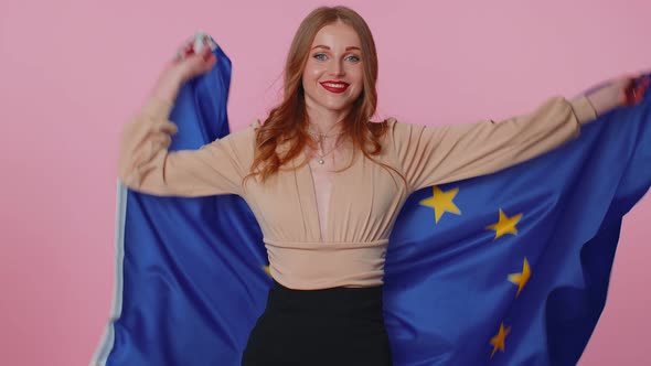 Pretty Teen Girl Waving European Union Flag Smiling Cheering Democratic Laws Human Rights Freedoms