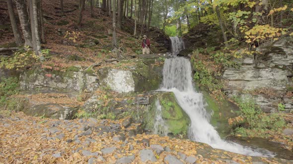 An older man going on a scenic hike through a forest in the mountains.