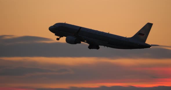 Aeroflot plane taking off in late evening