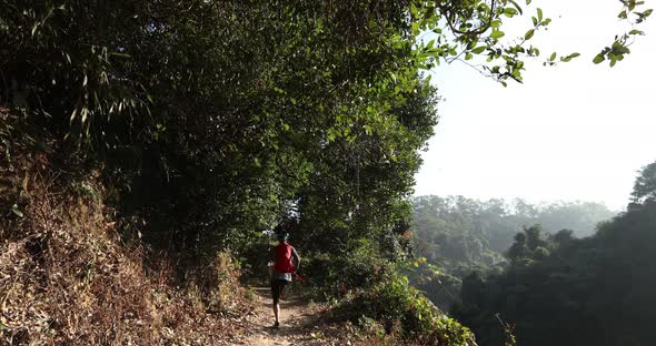 Woman trail runner running at sunrise tropical forest ,slow motion