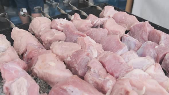 Raw Meat on Skewers Is Cooked on Grill at Street Food Festival. Slow Motion