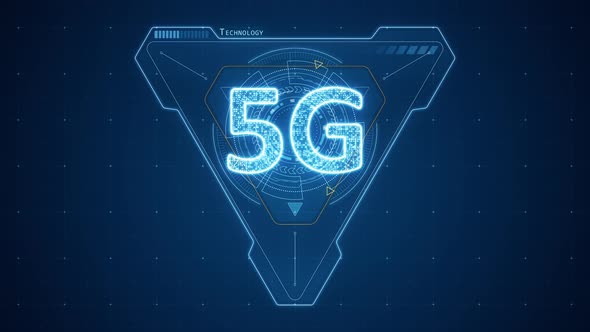 Blue triangle and 5G with HUD technology interface and futuristic abstract background