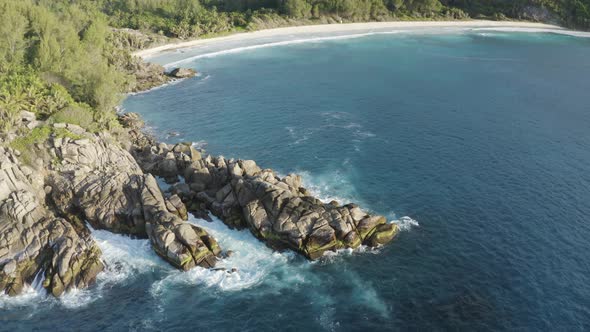 Aerial view of rocky coastline near Police Bay, Seychelles.