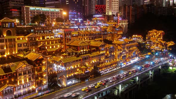 Chongqing Hongyadong Night Cityscape China Timelapse Pan Up
