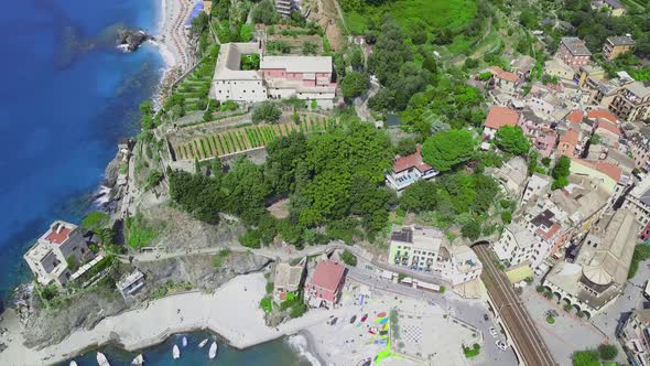 Panorama view of Monterosso al Mare.Panoramic drone view of railway and village.Unesco Heritage.4K
