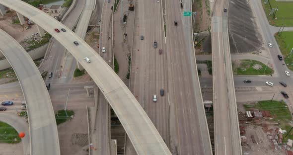 Brids eye view of traffic on 610 and 59 South freeway in Houston, Texas