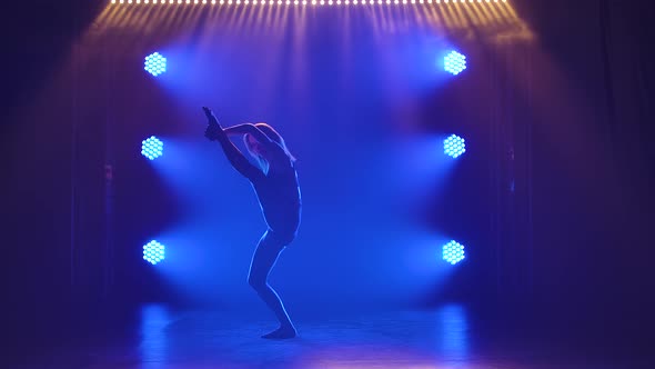 Silhouette of an Attractive Woman Who Is Dancing a Beautiful Contemp in the Shadows on a Black