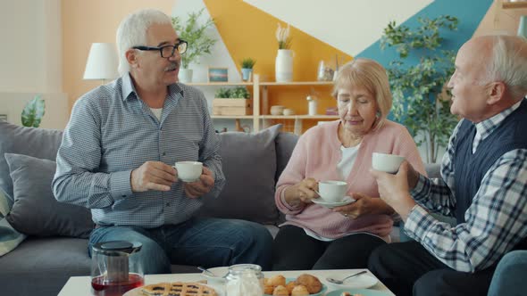 Elderly Men and Woman Drinking Tea and Talking Sitting on Sofa at Table at Home