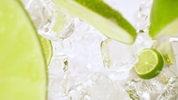 Super Slow Motion Shot of Lime Slices and Ice Cubes Falling on Black Background at 1000 Fps