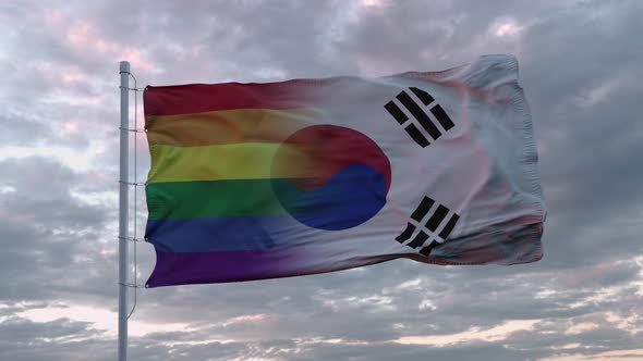 Waving Flag of South Korea State and LGBT Rainbow Flag Background