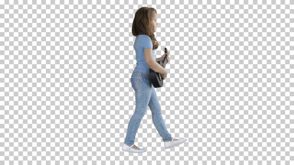 A little girl walking with ukulele in hands, Alpha Channel