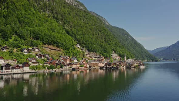 Panoramic View of the Hallstatt Located on the Lake at the Foot of Mountains