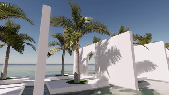 Modern Building with Palms in Sea.