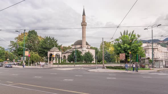 Ali Pasha Mosque timelapse hyperlapse with traffic on intersection in Sarajevo