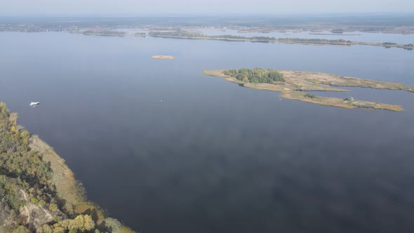 Beautiful Aerial View of the River Dnipro. Ukraine, Slow Motion