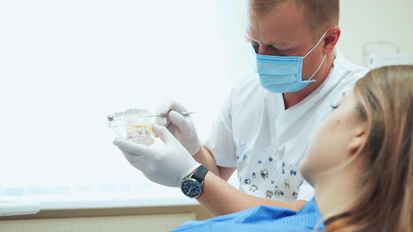 A male dentist shows a girl a jaw layout. Visit to the doctor in a mask and white gloves.