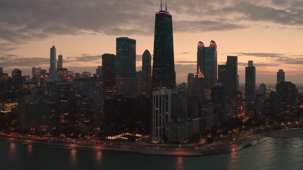 Aerial footage of Chicago and lakeshore drive