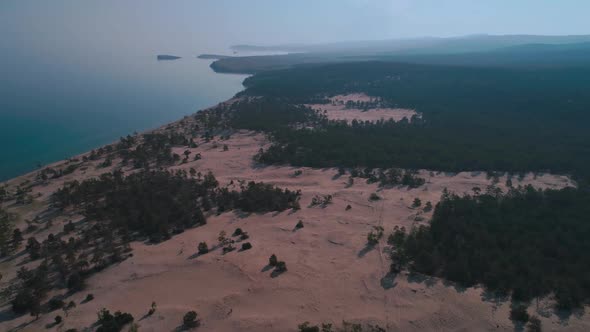 Aerial View of Sand Dunes Baikal Beach and Crystal Clean Water of Baikal Lake, Olkhon Island