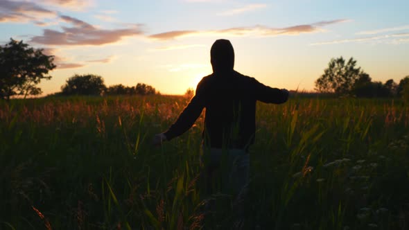 Summer Adventure on Warm Evening in Wheat Field, Sunset Colors in Sky