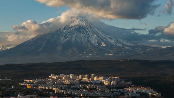 Petropavlovsk-Kamchatsky City on Background Koryak Volcano