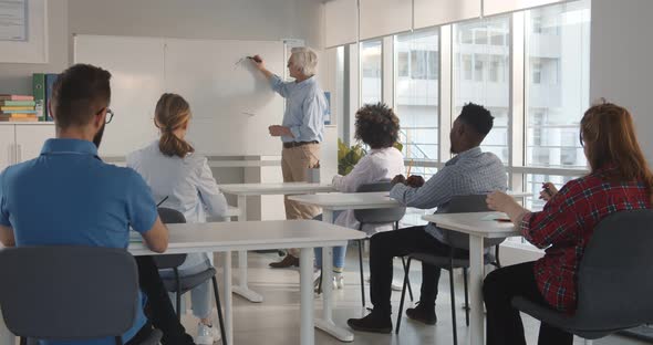 Senior Teacher Explaining Diagram Written on Whiteboard While Diverse College Students Sitting at