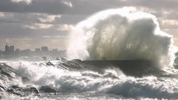 Big And Powerful Storm Waves Hitting The Pier