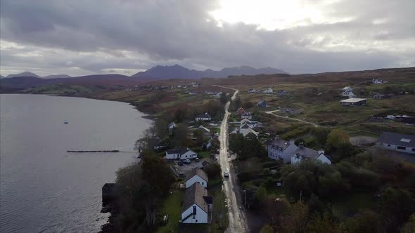 Carbost Village and Loch Harport in Skye Scotland