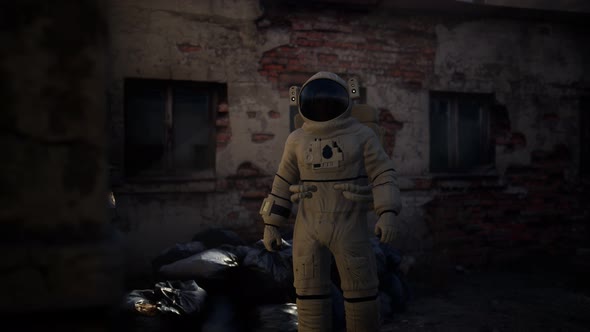 Lost Astronaut Near Abandoned Industrial Buildings of Old Factory alt