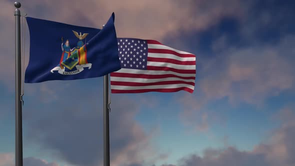 New York State Flag Waving Along With The National Flag Of The USA - 2K