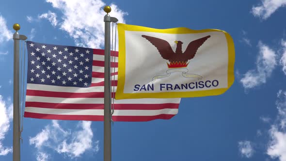 Usa Flag Vs San Francisco City Flag California  On Flagpole