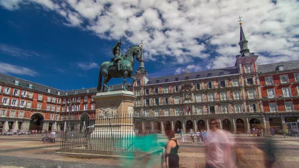 Statue of Philip III Timelapse Hyperlapse at Mayor Plaza in Madrid in a Beautiful Summer Day Spain