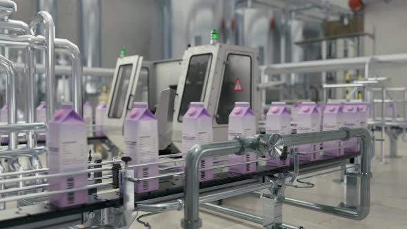 Manufactured yogurt in carton packages moving on an automated production line alt
