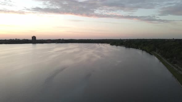 aerial footage over Lake Calhound few minutes after sunset minneapolis minnesota