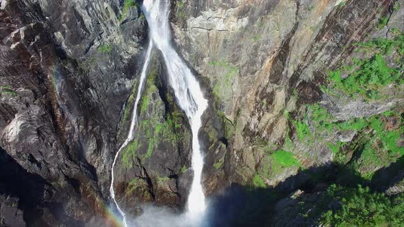 Scenic aerial view of massive Voringfossen waterfall in Norway.