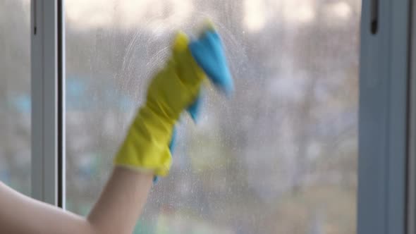 Woman in Yellow Gloves Washes the Window with a Blue Rag