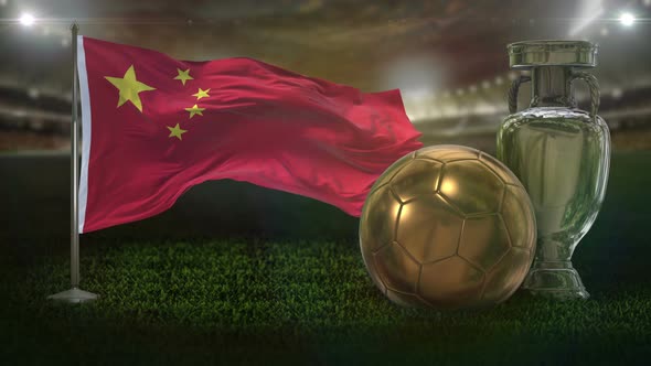 China Flag With Football And Cup Background Loop
