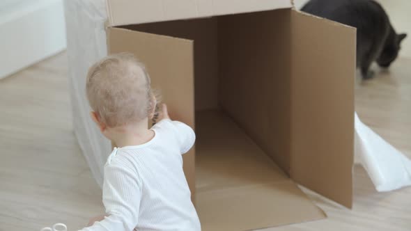 Baby Playing in Large Cardboard Package Box at Home