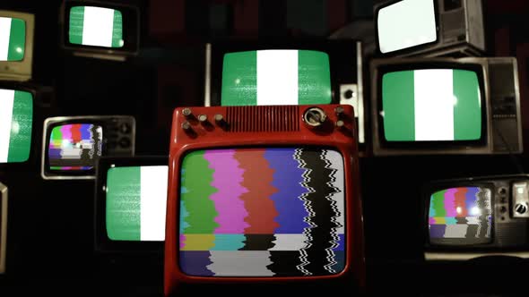 Flag of Nigeria on Stack of Retro Television.