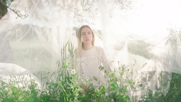 Attractive blond woman sitting on rural field outdoors at sunset surrounded by blowing mosquito net.