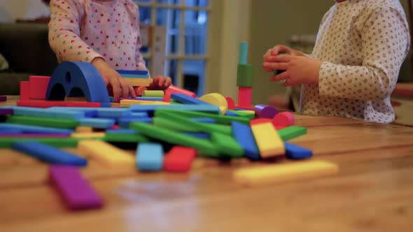 Twins playing and stacking coloured wooden shapes