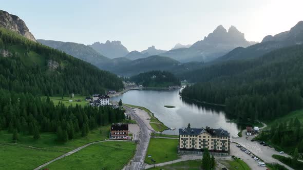 Lake of Misurina, aerial view of Dolomites