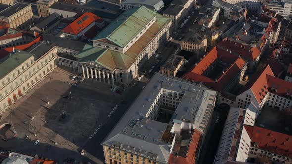 Aerial Flight Over Bavarian State Opera in Scenic Winter Afternoon Light, Tilt Down Dolly