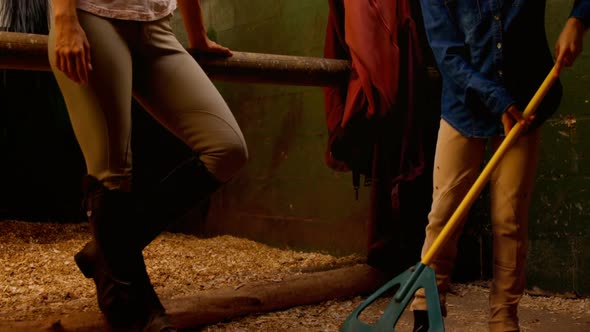 Mother and daughter giving high five to each other in stable 4k