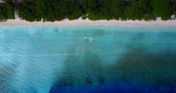 Wide angle above tourism shot of a paradise sunny white sand beach and blue ocean background in high res