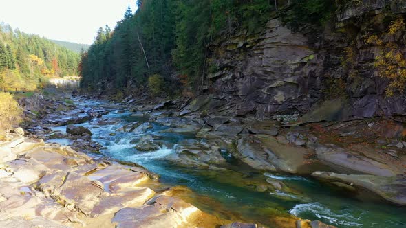 Mountain River Flowing Between Rocky Shores in Carpathians Mountains, Ukraine